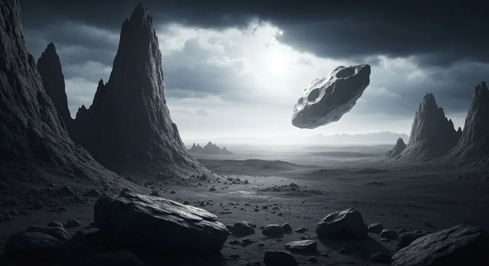Asteroid im Weltraum mit dynamischer Spur und Sternen.