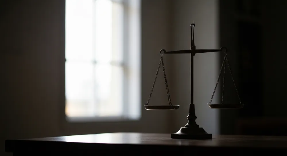 Balanced scales amidst corporate structures and greenery.