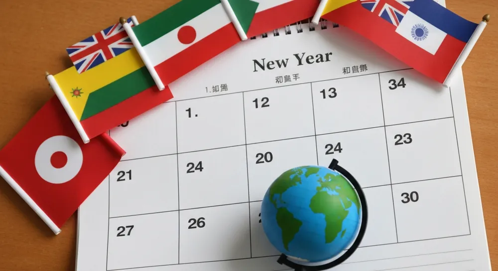 Una página de calendario marcada con fechas de Año Nuevo, decorada con banderas internacionales y un simple globo terráqueo, que captura la esencia de las transiciones educativas globales.