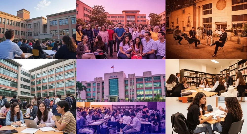 Un edificio del campus con señales de salida de emergencia y conos.
