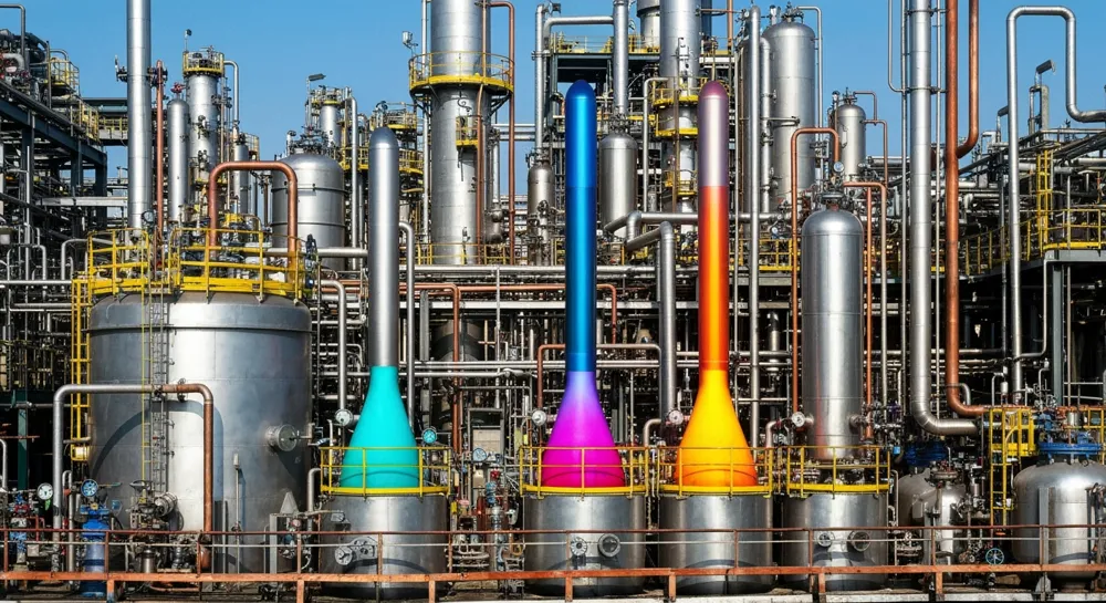 Химический завод с биржевой таблицей и предостерегающими символами.