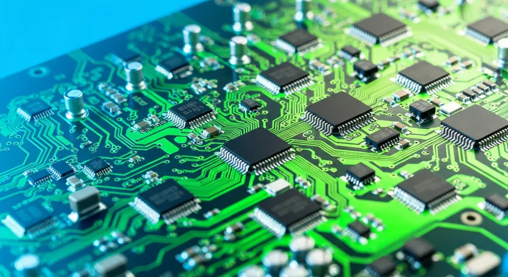 Leiterplatte mit Verbindungsdrähten und Zahnrädern.