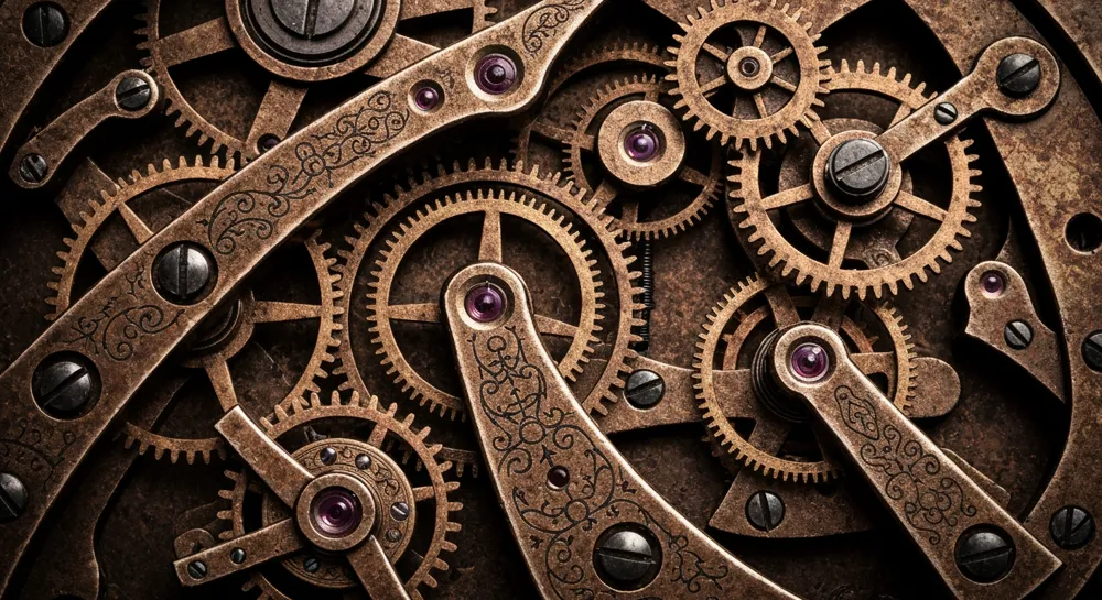 Kreisförmige Zahnräder mit lebendigen Farben, die den Fortschritt der KI darstellen.