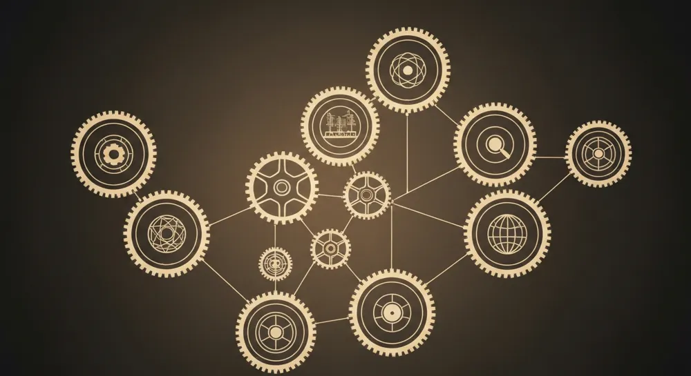 A circular shield with a lock symbol, surrounded by olive trees.