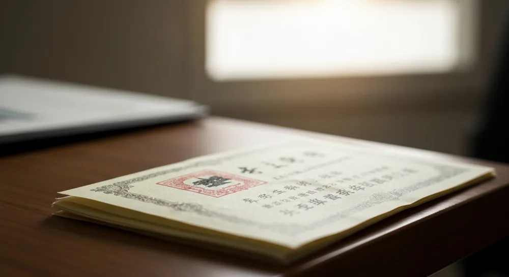 A close-up shot of a traditional Chinese scholarship certificate, lightly crumpled, resting on a wooden desk with a softly lit background, symbolizing academic achievement and opportunity.