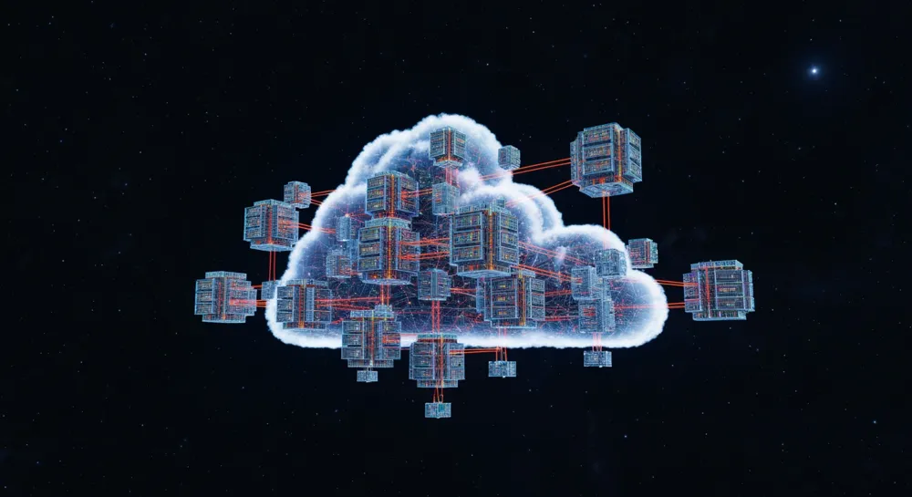 Cloud-Infrastruktur in Aufruhr, mit zusammenbrechenden Wolken.