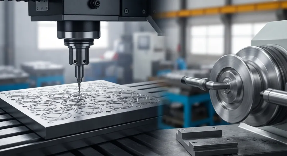 Maquinaria CNC con gráficos y engranajes financieros.