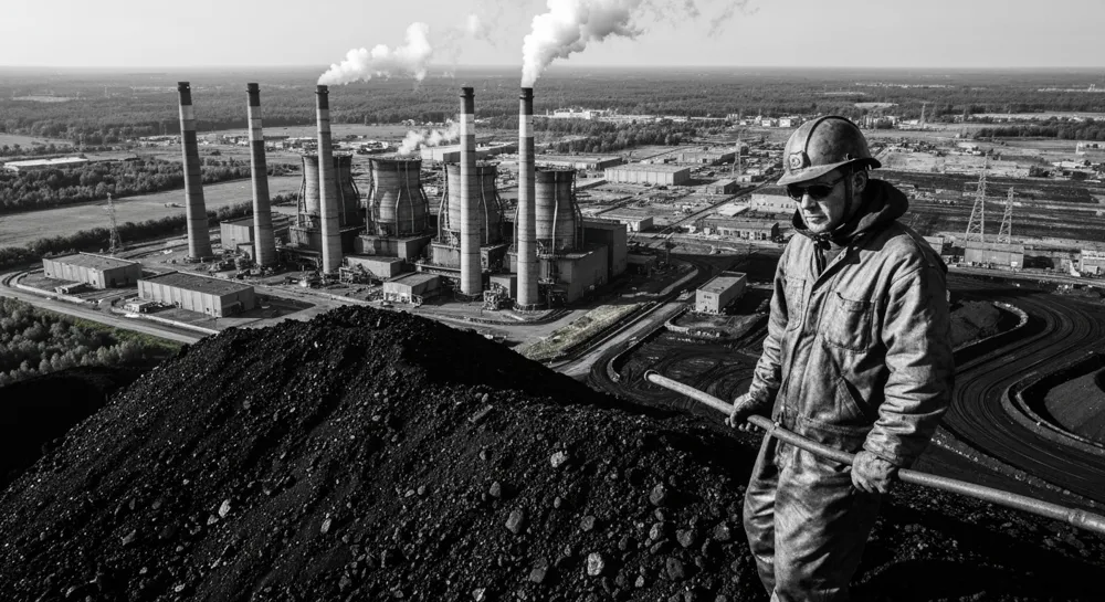 Силуэт угольной электростанции со знаками доллара и шестернями.