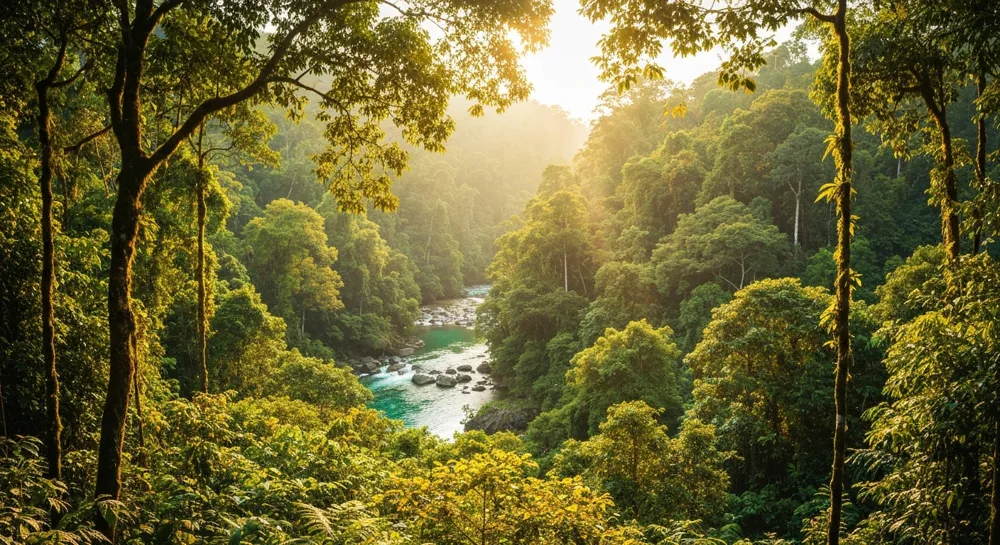Paisaje costero con siluetas de contenedores de transporte.