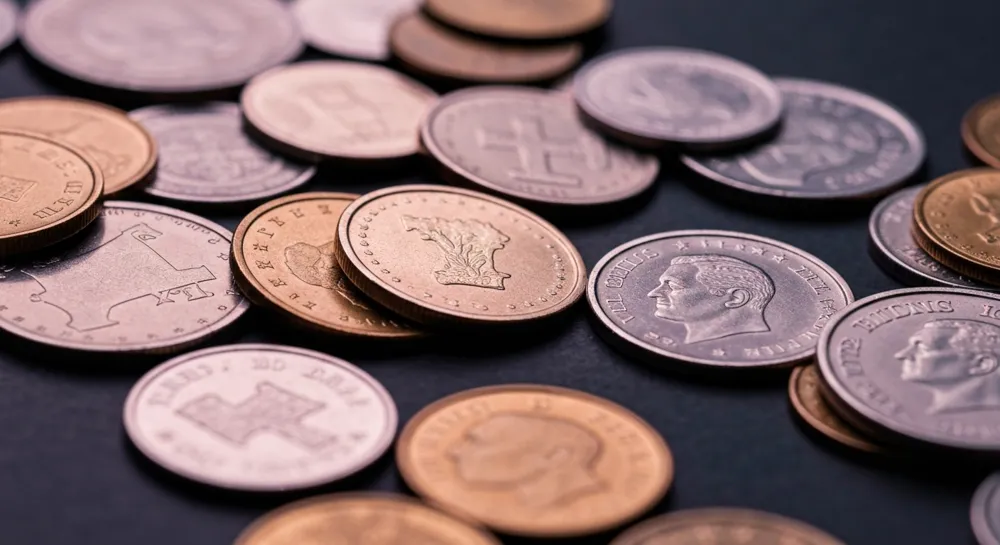 Colorful coins and bills emerging from a wallet.