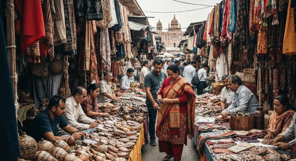 Colorful doves around a peace symbol amidst a backdrop of conflict.