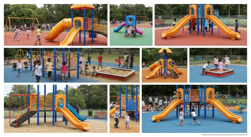 Coloridos equipos de juegos infantiles y siluetas activas.