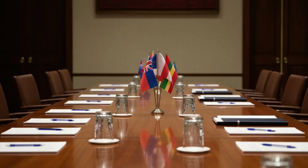 A conference room with a polished wooden table set for discussion, adorned with various country flags, notepads, and empty glasses, reflecting a serious and professional atmosphere.