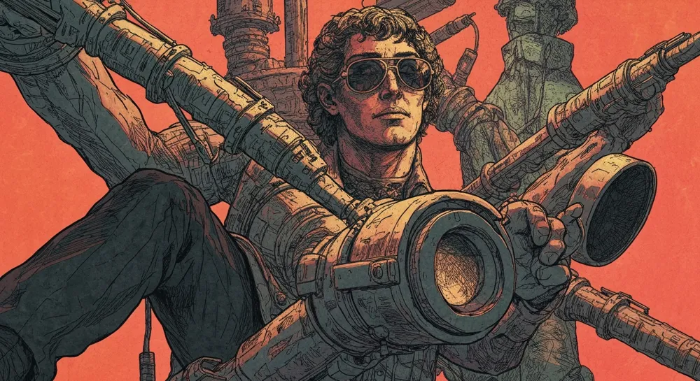 Schéma du conflit avec des éléments symboliques représentant la guerre.