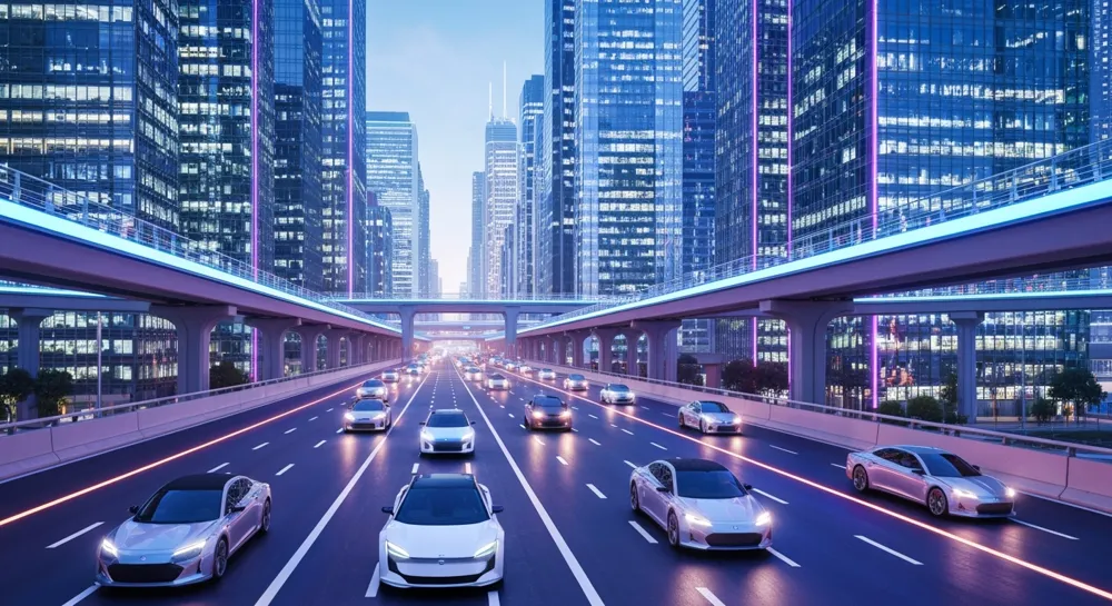 Подключенные автомобили с схемами движения и предупреждающими знаками.