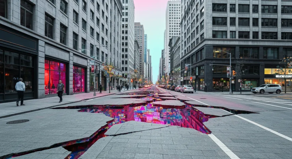 Rissiger Boden mit verstreuten Trümmern und zitternden Linien.