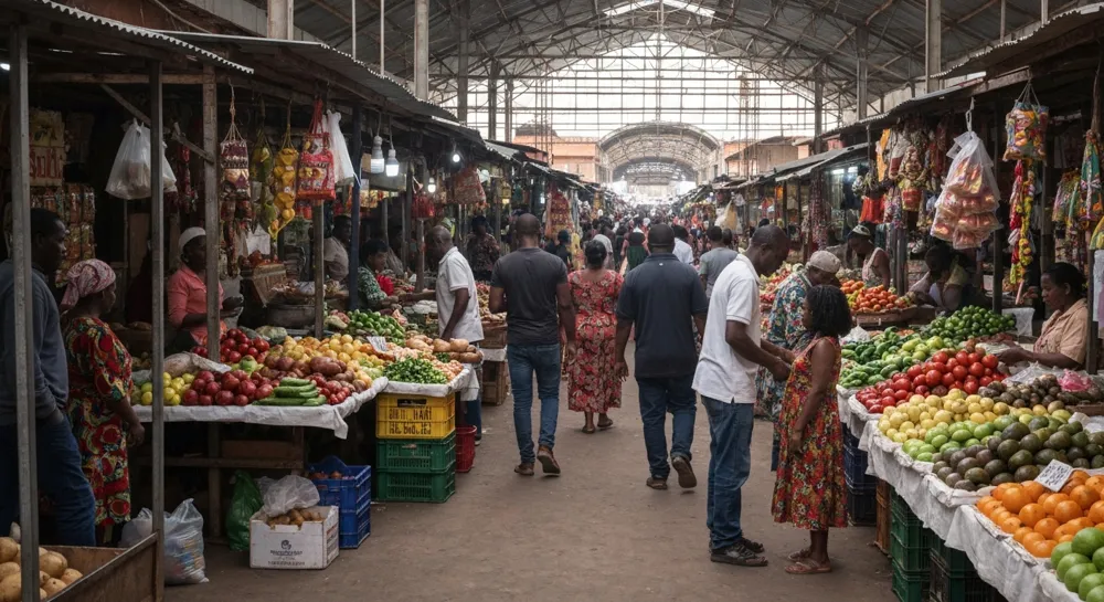 Paisaje urbano oscuro con líneas eléctricas enredadas y sombras.