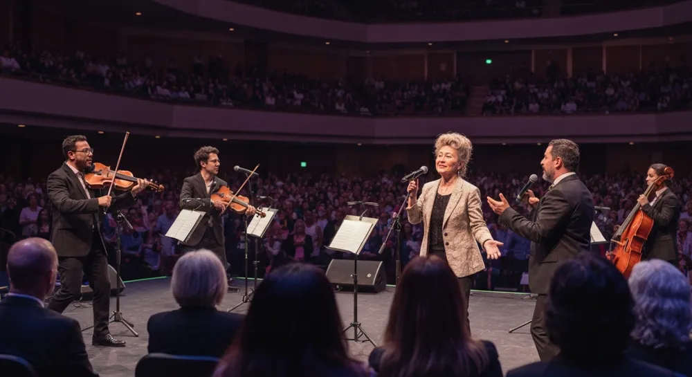 Una escena de campus desolado con bancos cubiertos de nieve y árboles desnudos.