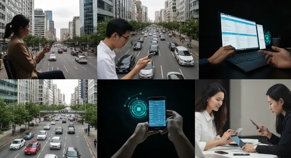 Panorama digital con engranajes y elementos tecnológicos.
