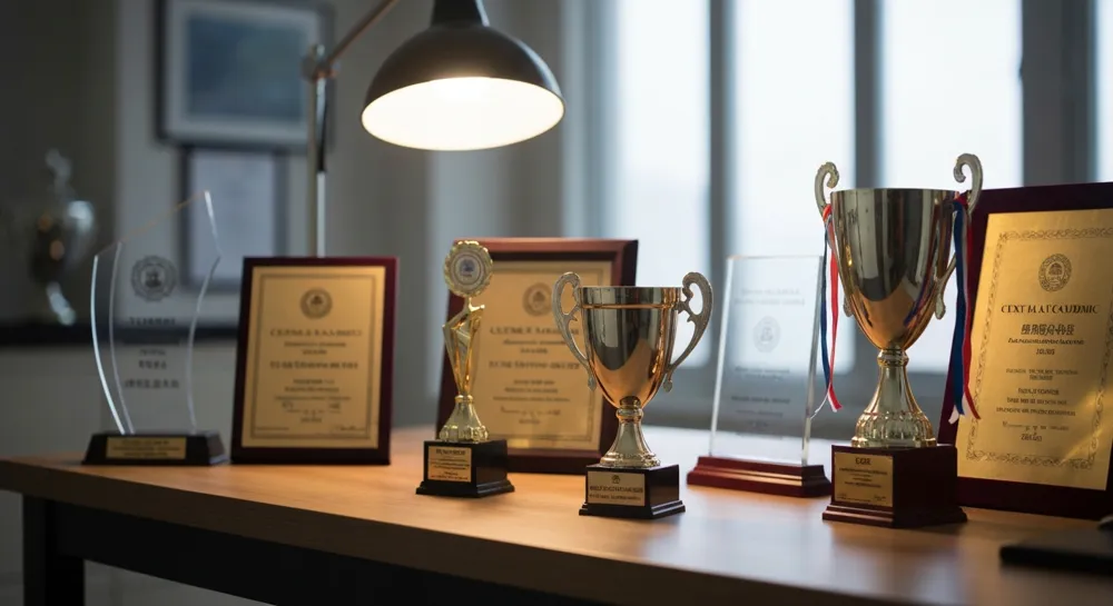 Una exhibición de premios académicos y trofeos colocados sobre un escritorio, con una iluminación tenue y detalles texturizados, que reflejan los logros y el reconocimiento.