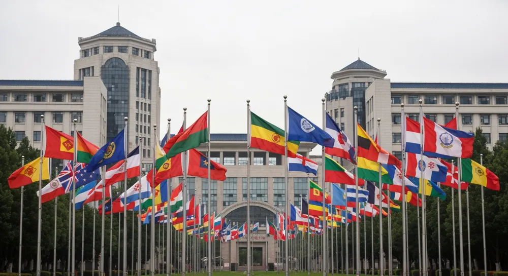 A diverse group of flags representing various countries against a backdrop of Zhejiang University buildings, symbolizing global unity and cultural exchange.
