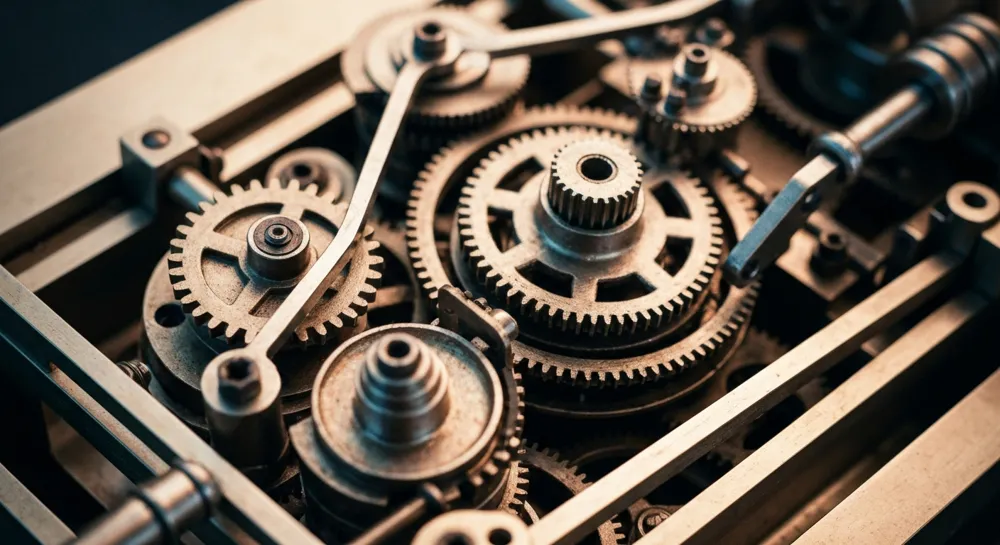 Engranajes y balanzas en duelo que simbolizan el equilibrio en la tecnología.
