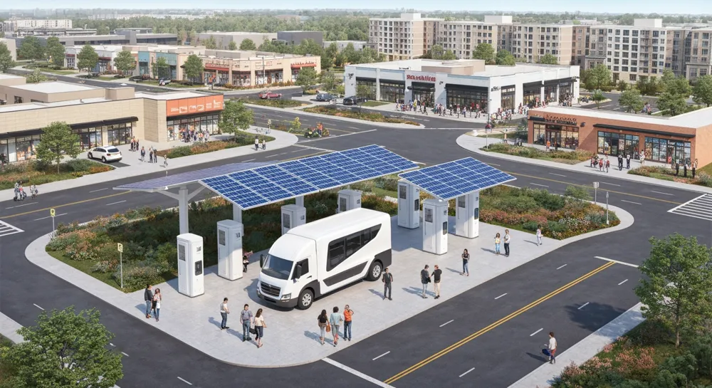 Электрические грузовики по холмам под закатным небом.