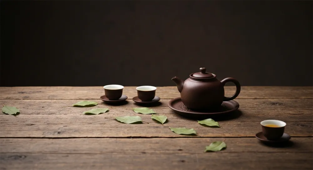 Ein elegantes Teeset auf einem rustikalen Holztisch, umgeben von Blättern und Teetassen, spiegelt die Teekultur der Song-Dynastie wider.
