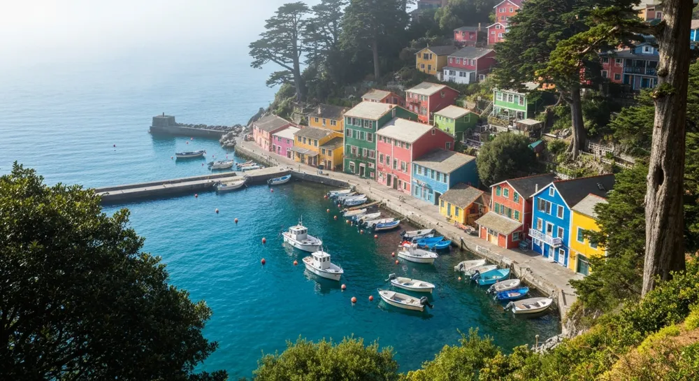 Sentier côtier brumeux menant à un village désolé.