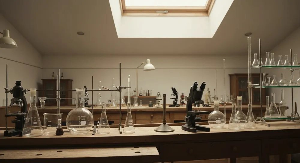 Zerbrochener Globus mit gespannten Fläschchen und Landkarten.