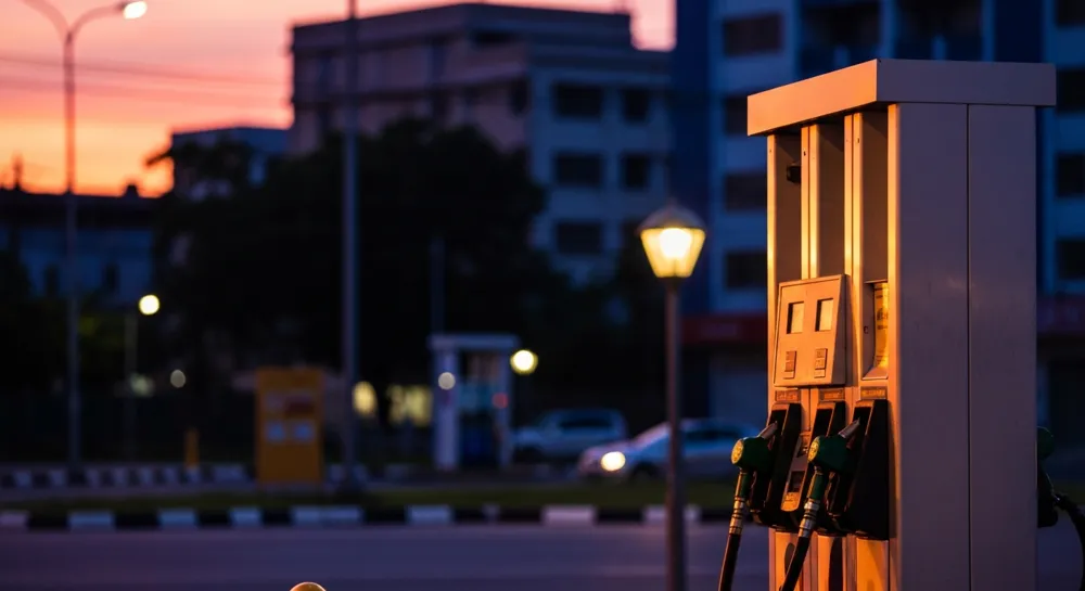 Bomba de combustible con precios en aumento representada en arte abstracto.