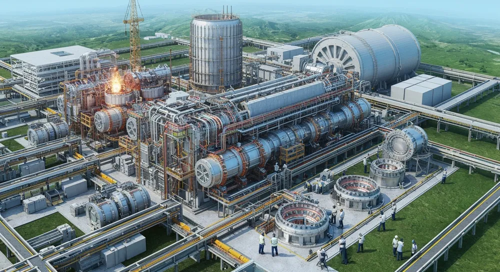 Reactor de fusión rodeado de patrones de circuitos de IA.