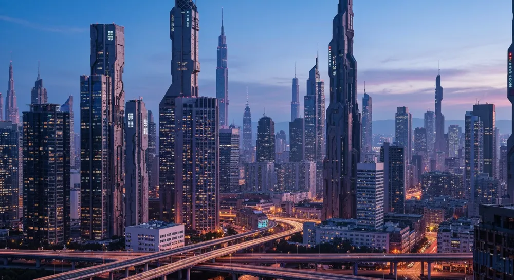 A futuristic aerial cargo route over urban skyline.