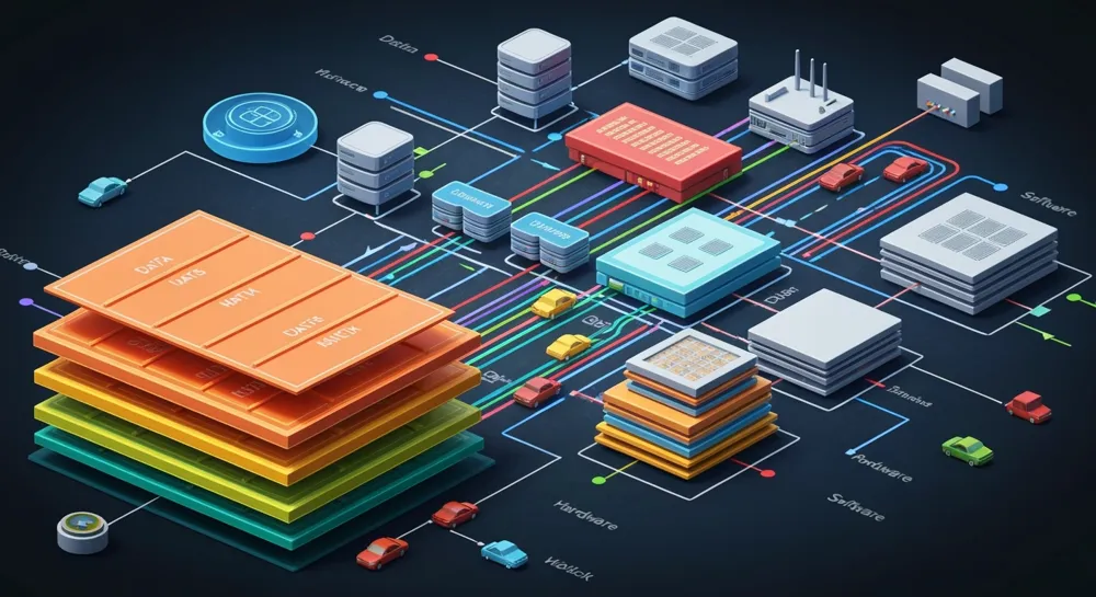 Una placa de circuito futurista con colores vibrantes.
