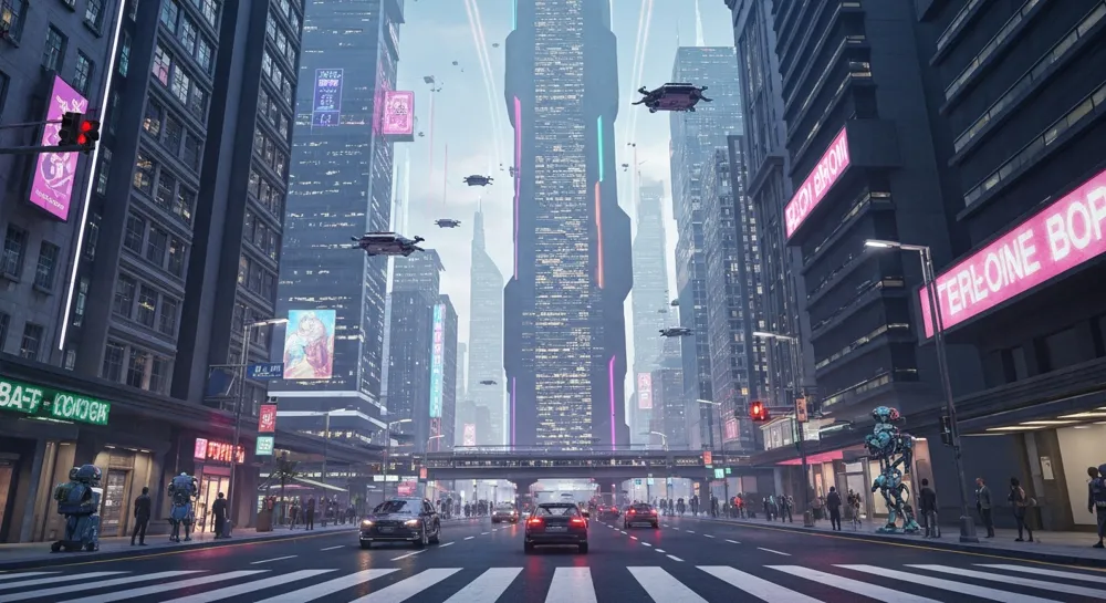 Futuristisches Stadtbild mit Wachstumselementen.