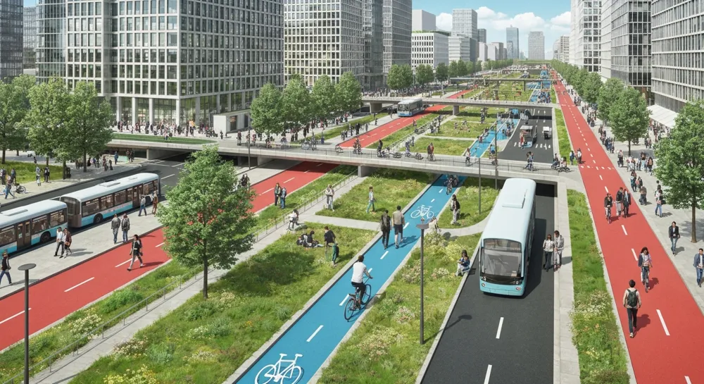 A futuristic road network with automated vehicles.