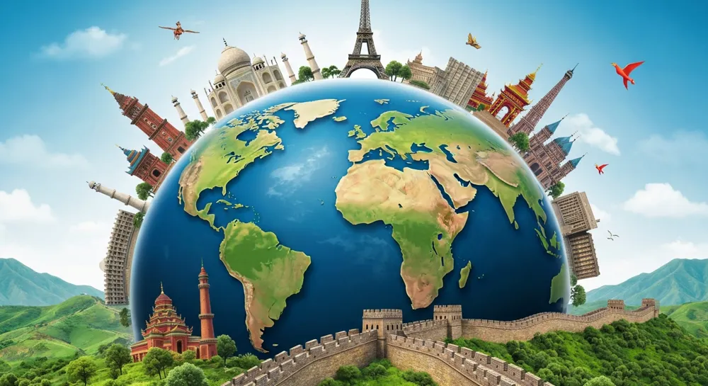 Globe avec symboles monétaires et lignes graphiques.