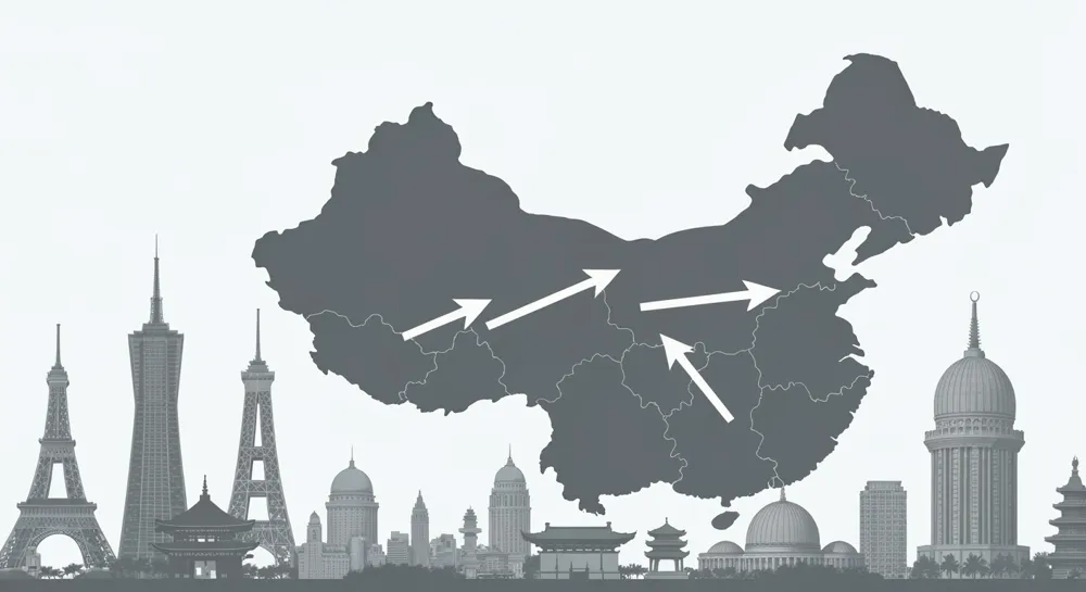 A gray-toned map of China with arrows illustrating new entry points, overlaying a backdrop of iconic landmarks, symbolizing change in foreign entry regulations.
