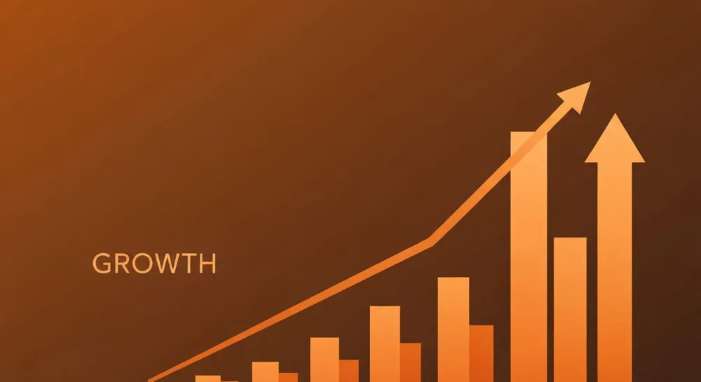 Growth bar chart with risk elements in background.
