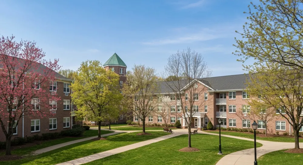 Image of a college campus with dorm buildings, trees, and pathways. The setting reflects the anticipation of student life, with a focus on the architectural style of dorms and the surrounding environment in a serene spring atmosphere.