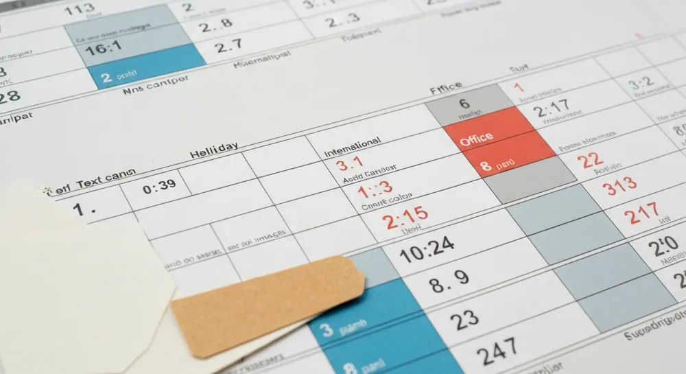 Imagen que muestra un calendario combinado con fechas festivas internacionales, varias zonas horarias y franjas horarias de oficina entrelazadas, que incorpora colores y texturas distintos para crear un interés visual.