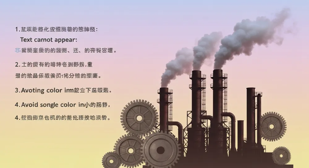 Imagen que muestra estructuras de hornos de coque industriales con emisiones de humo, rodeadas de engranajes o elementos mecánicos que simbolizan el envejecimiento, sobre un fondo degradado suave.