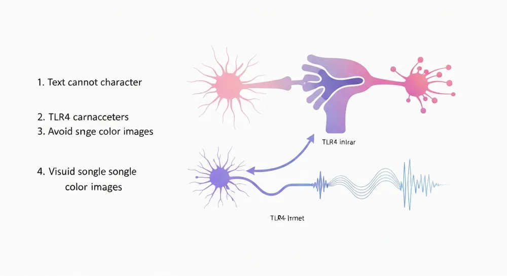 La imagen muestra una representación abstracta de las estructuras cocleares, las sinapsis, las vías TLR4 y los elementos de las ondas sonoras, utilizando gradientes suaves en colores suaves.