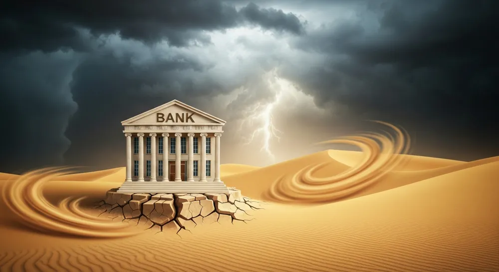 Bild eines Bankgebäudes mit einem rissigen Fundament inmitten einer Wüstenlandschaft mit wirbelndem Sand und dunklen Gewitterwolken, die Instabilität und Unsicherheit symbolisieren.