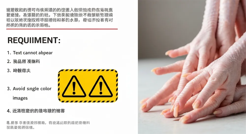 Ein Bild eines Warnschildes neben Hühnerfüßen mit kontrastierenden Farben und Formen, das auf eine Warnung vor illegalen Praktiken hinweist.