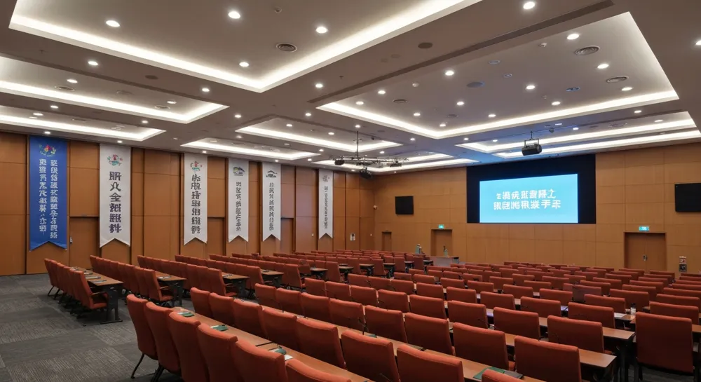 Image d'une salle de conférence moderne avec des sièges vides, des bannières et un podium illuminé, mettant l'accent sur la préparation d'un futur rassemblement éducatif.