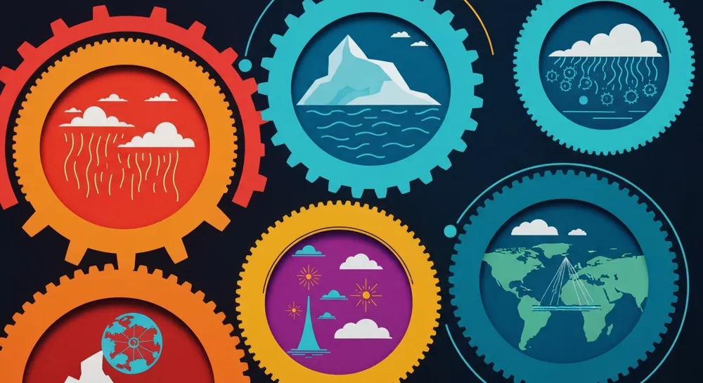 Verbundene Zahnräder und eine Waage.