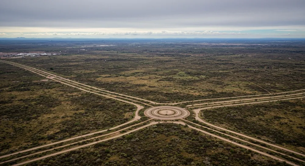 Mondlandschaft mit leuchtenden Reaktorelementen.