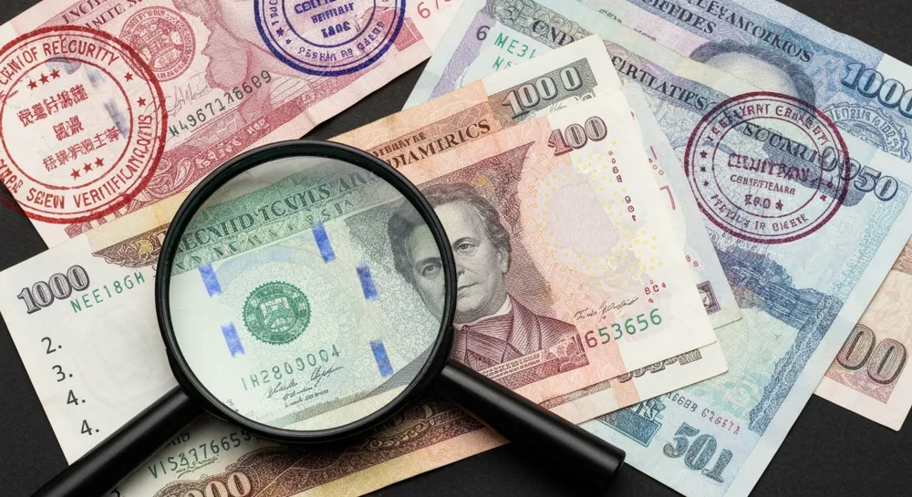 Una lupa sobre una pila de diversos billetes en moneda extranjera, con varios elementos de seguridad y sellos de certificación en el fondo, que destacan el escrutinio y la verificación.