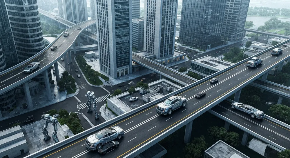 Colaboración militar y de inteligencia artificial en formas abstractas.